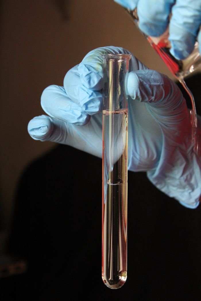 services-04 Close-up of a gloved hand holding a clear test tube in a laboratory setting.